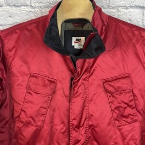Vintage 90s Red Men Nike Puffer Jacket Long‎ White Tag H8 Swoosh Pockets Large